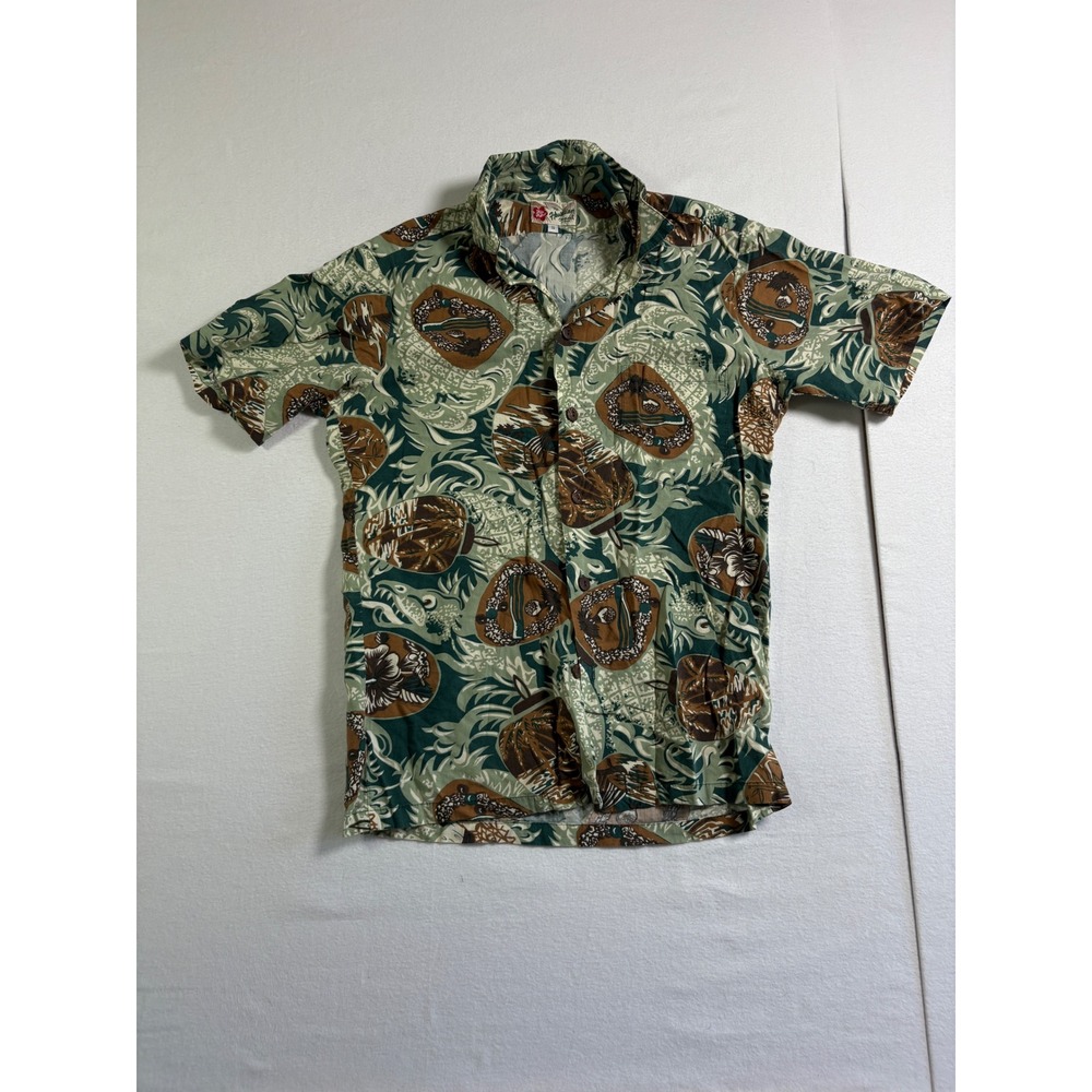 Hilo Hattie Mens Hawaiian Shirt Small Green Brown Tropical Cotton Rayon USA Made